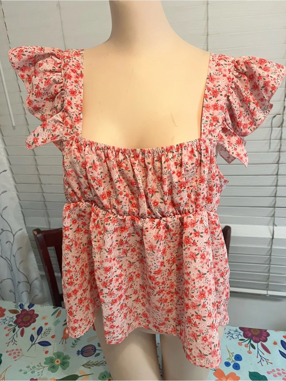 Floral Pink Puff-Sleeve Square-Neck Women's Top